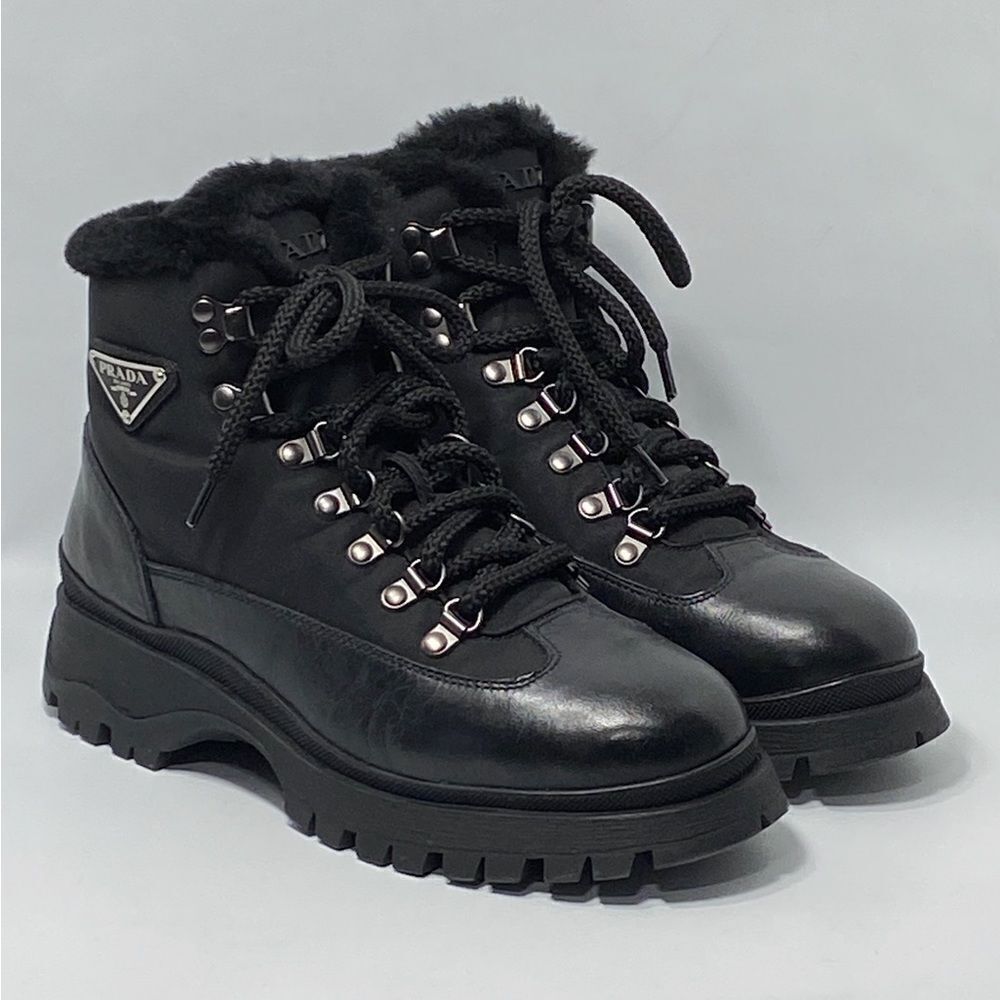 Prada Brixxen 38 Shearling-Lined Leather & Nylon Hiking Boots size 37.5 - Picture 5 of 13